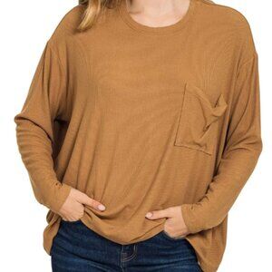 Zenana Ribbed Rayon Deep Camel Colored Dolman Sleeve Top S/M